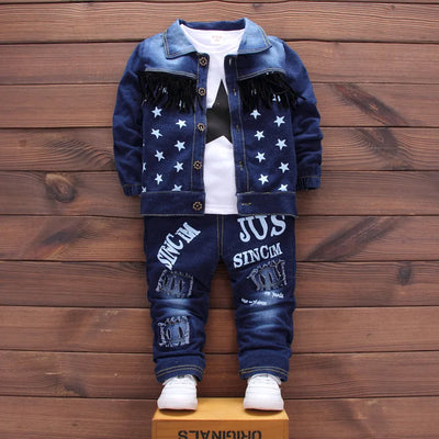 1-5Y Baby Boys Clothes Set Autumn Winter Cartoon Star Vest Coat Pants 3Pc for Kids Cowboy Fashion Outfits Toddler Boys Warm Suit
