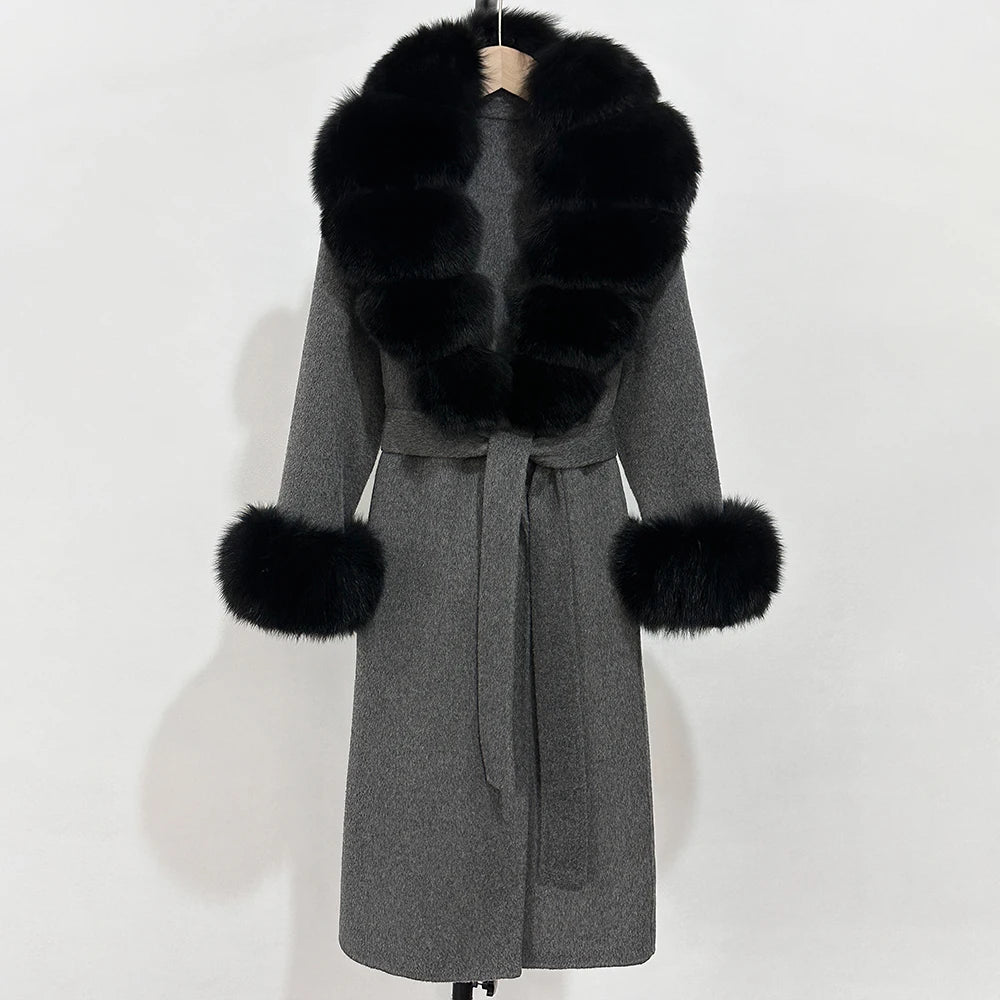 2025 New Autumn Wool Blend Coat Women Elegant Warm Real Fox Fur Collar Winter Wool Coat Female Double-sided Cashmere Jacket