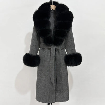 2025 New Autumn Wool Blend Coat Women Elegant Warm Real Fox Fur Collar Winter Wool Coat Female Double-sided Cashmere Jacket
