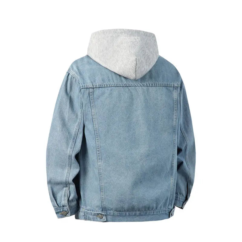 Autumn Green Men's Hooded Denim Jacket, Detachable Hood, Available in Gray, Black, and Blue.