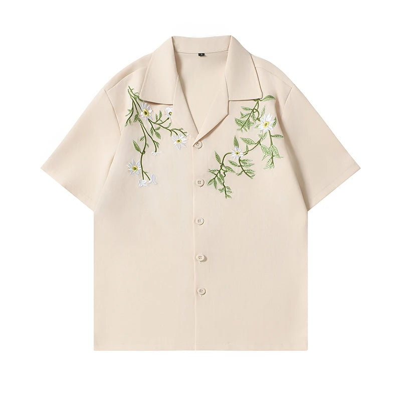 Dark Icon Embroidery Cool Material Men's Shirt Short Sleeve Hawaii Beach Shirts Black Beige