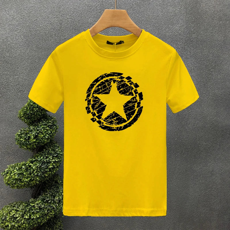 Men's Summer 100 Cotton Fashion Casual Loose Large Black Star Pattern Printed Round Neck Short Sleeve T-shirt Top S-5XL