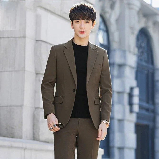 2 Piece Outfit Set Male High Quality 2024 Solid Color Slim Fit Full Men's Suits and Blazers Fashion Pants Luxury Elegant Classic