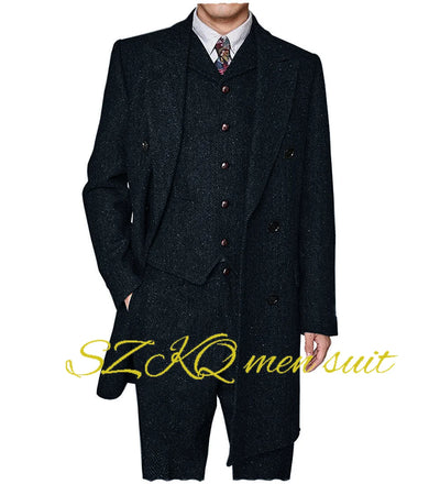 Men's Suit Retro 3 Piece Herringbone Long Jacket Double Breasted Blazer