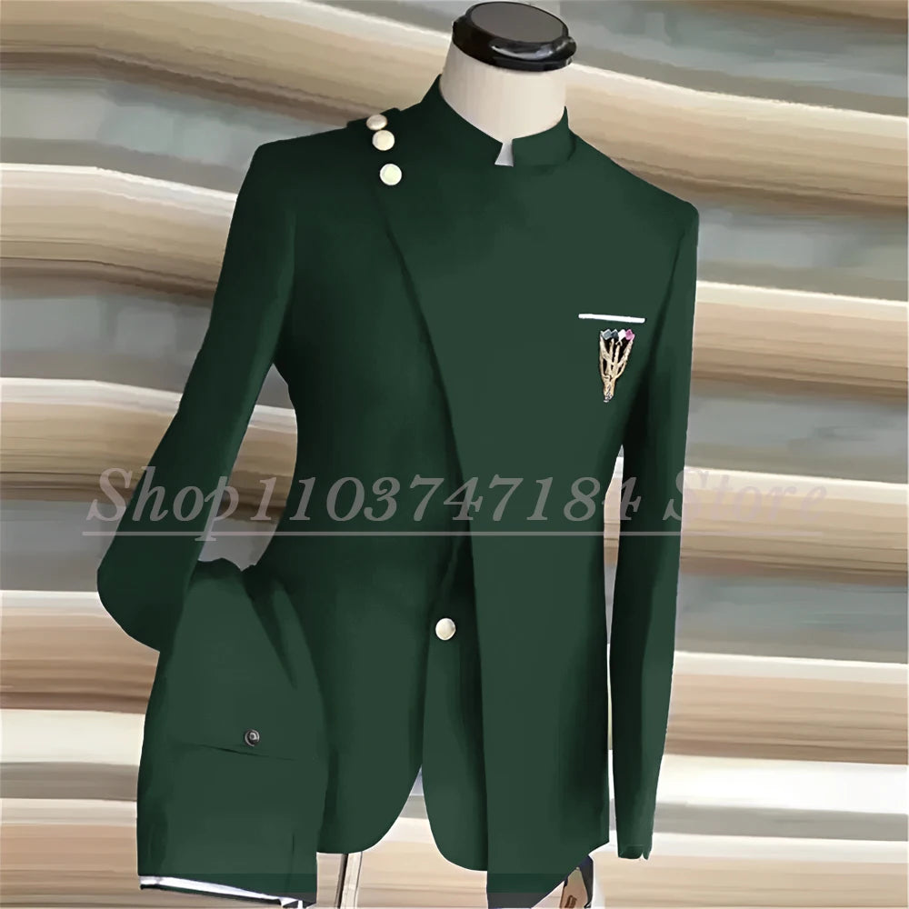 Navy Blue Men's Suits Single Breasted Stand Lapel Blazer African Style Formal Occasion Party 2 Piece Jacket Pants Costume Homme