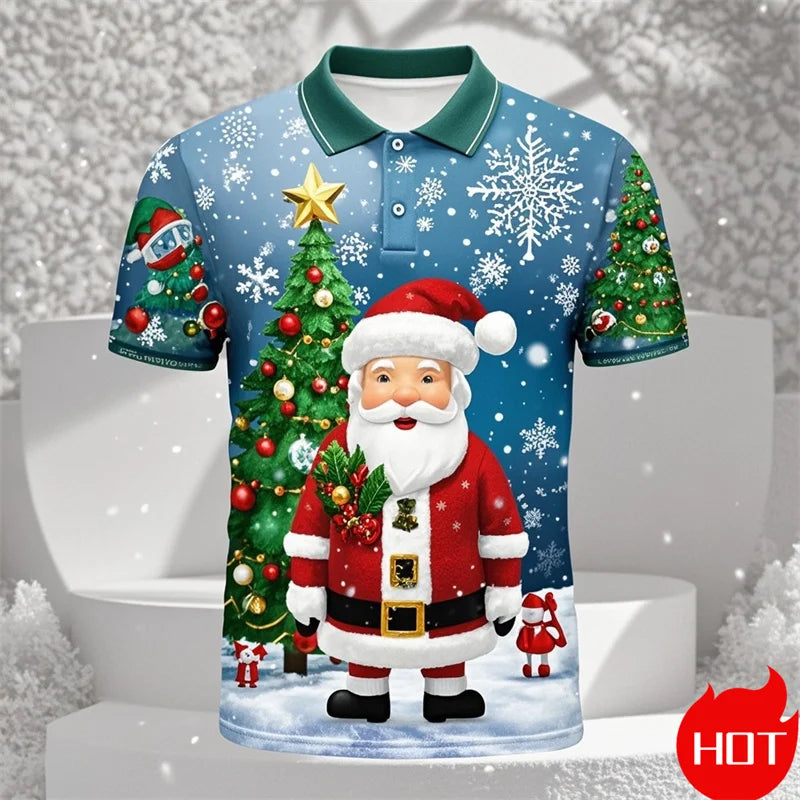 Funny 3D Cute Santa Claus Xmas Printed Polo Shirt For Men Happy Christmas Tee Merry Christmas Graphic Shirts & Blouses POLO Tops