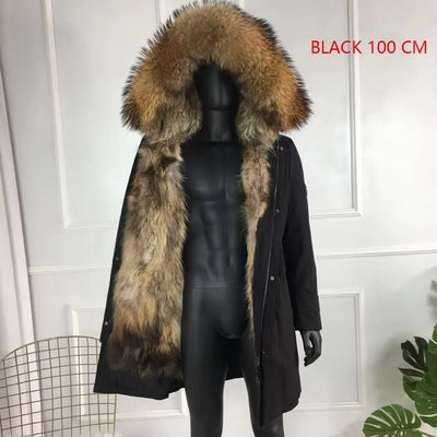 Real Raccoon Fur Coat Men Real Fur Parkas With Hood Warm Winter Men's Parka Natural Fox Fur Large Collar