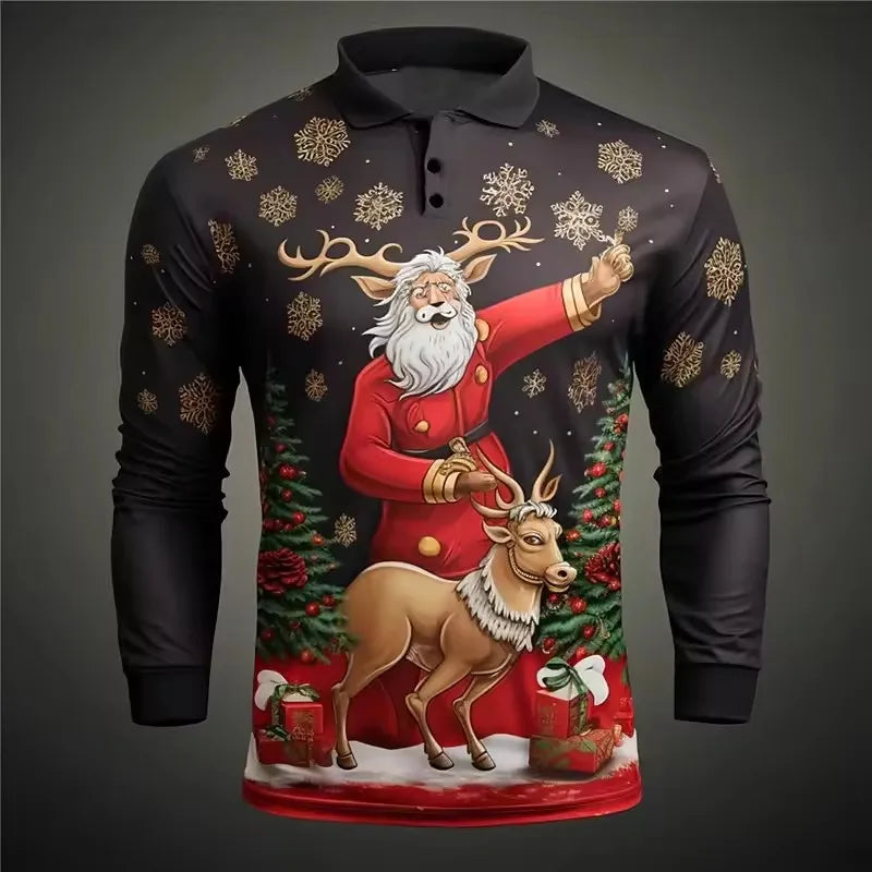 New Men's Christmas Printed Polos Autumn Long Sleeve Button Casual Shirt Festive Holiday Wear Classic Polo Neck Design Polos