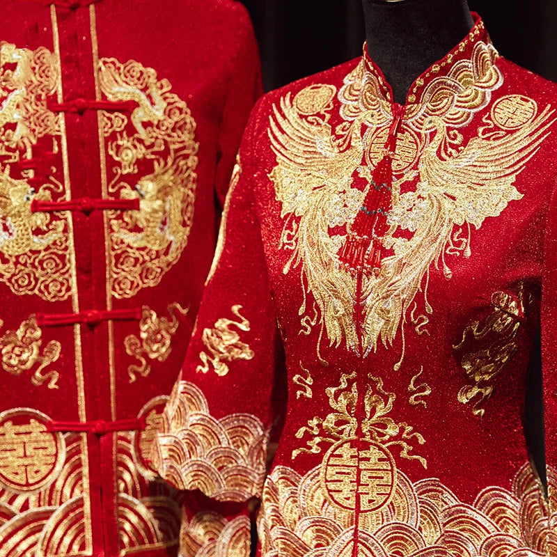 Traditional Chinese Bridegroom Bride Wedding Dress Qipao Costume Classic Embroidered Dragon Phoenix Cheongsam Hanfu Clothing 4XL
