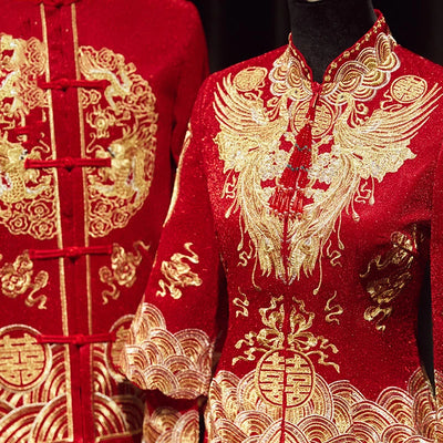 Traditional Chinese Bridegroom Bride Wedding Dress Qipao Costume Classic Embroidered Dragon Phoenix Cheongsam Hanfu Clothing 4XL