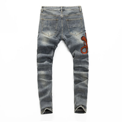 Y2K street fashion new men's jeans Y2k snake embroidery nostalgic washed elastic slim fit perforated red skin patch light blue