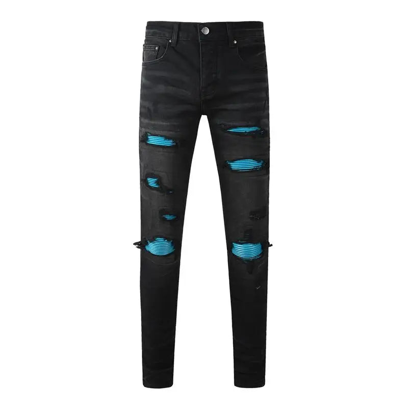 Fashion Top Quality Streetwear Distressed Men's Jeans  Vintage Low Rise Stretch Skinny Button Fly Ripped Hold Pants