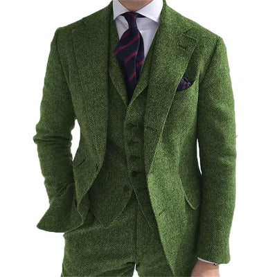 New Wool Tweed Winter Men Suit's For Wedding Formal Groom Tuxedo Herringbone Male Fashion 3 Piece Suit (Jacket + Vest + Pants)