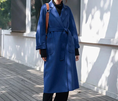 Long Double-Sided Cashmere Coat Women's Caramel Color Woolen Tweed Jacket Water-Wave Pattern Loose Fit Chinese Origin