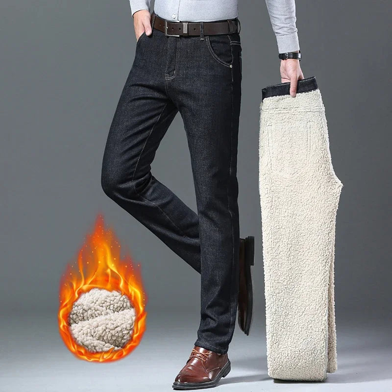 Winter Men's Fleece Thick Sherpa Jeans Business Casual Velvet Straight Denim Pants Male Wool Plush Classic Stretch Trousers