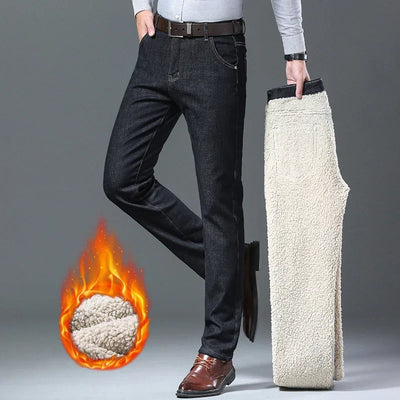 Winter Men's Fleece Thick Sherpa Jeans Business Casual Velvet Straight Denim Pants Male Wool Plush Classic Stretch Trousers