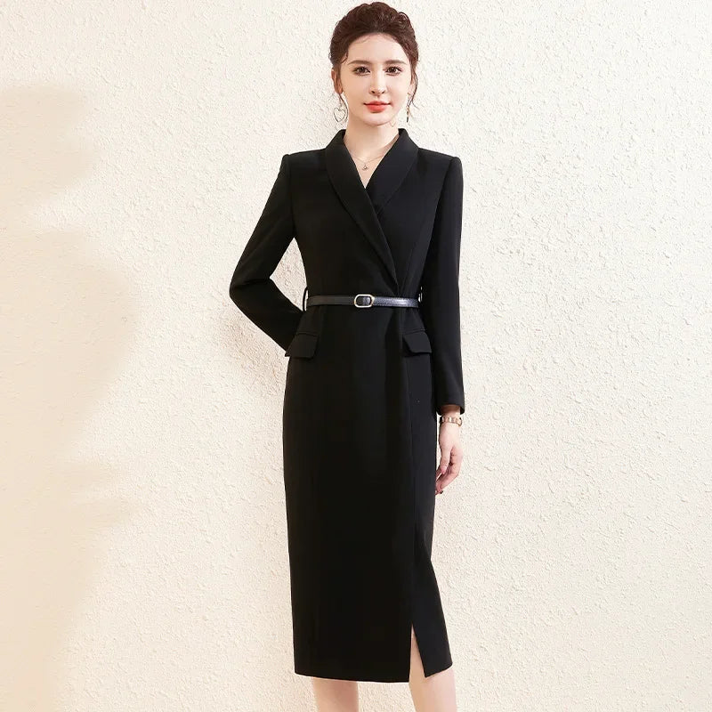 Elegant Slim Fit Suit Dress for Women Black Long Sleeve Commute Friendly Professional Long Skirt Style Spring Ready