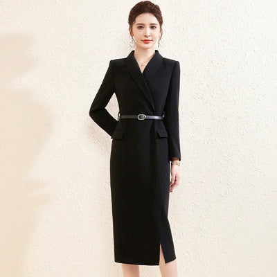 Elegant Slim Fit Suit Dress for Women Black Long Sleeve Commute Friendly Professional Long Skirt Style Spring Ready