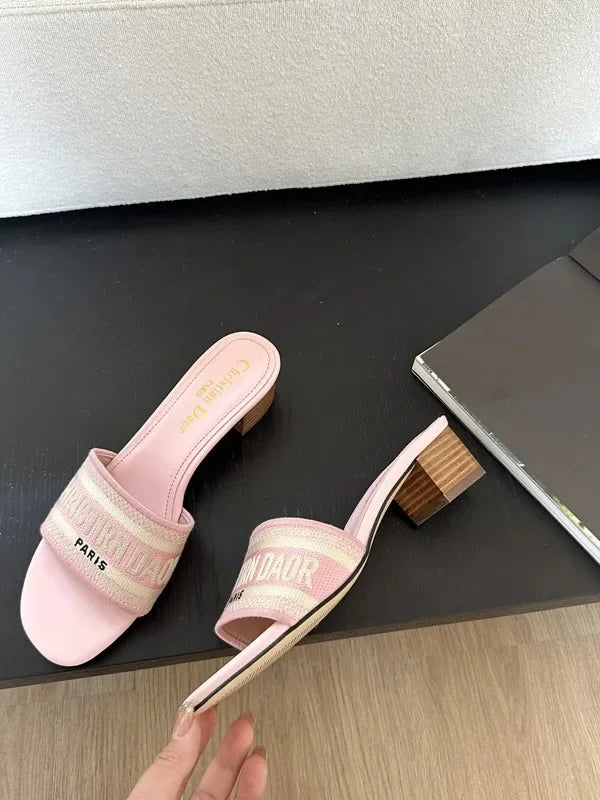 2024 Spring Summer New Women's Embroidery Letter Slippers One-Row Round Head Thick Heel Middle Heel Slip-On Outer Wear