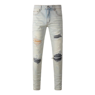 Americans New Trendy Streetwear Men's Jeans Low Rise Skinny Denim Pants Pleated Ripped Trousers