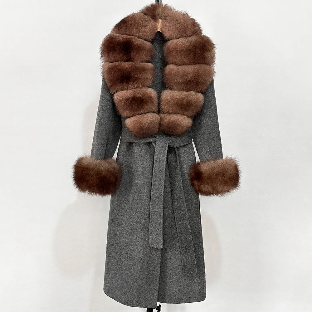 2025 New Autumn Wool Blend Coat Women Elegant Warm Real Fox Fur Collar Winter Wool Coat Female Double-sided Cashmere Jacket