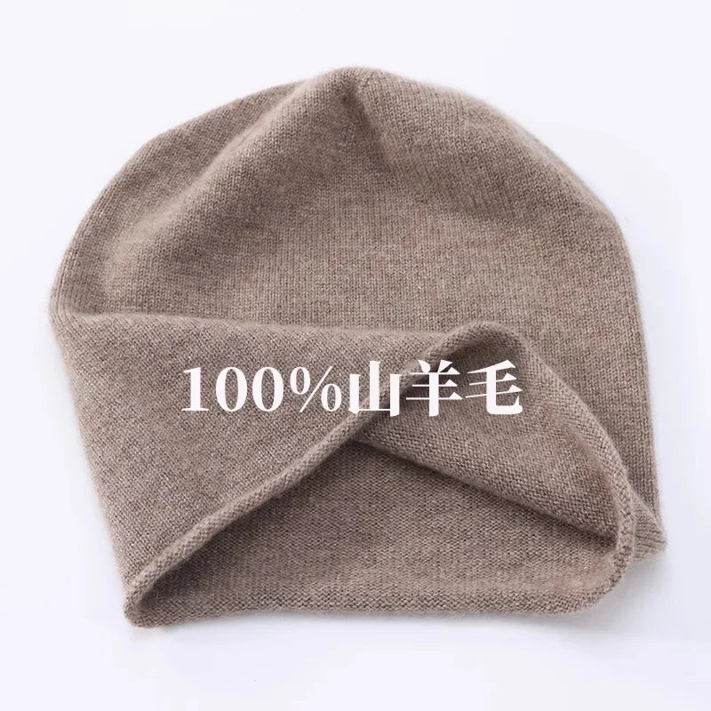 High Quality Pure Cashmere Hat Men Women Autumn Winter Warm Knit Curled Cold Wool Cap Male Casual Classic Solid Beanie Couple