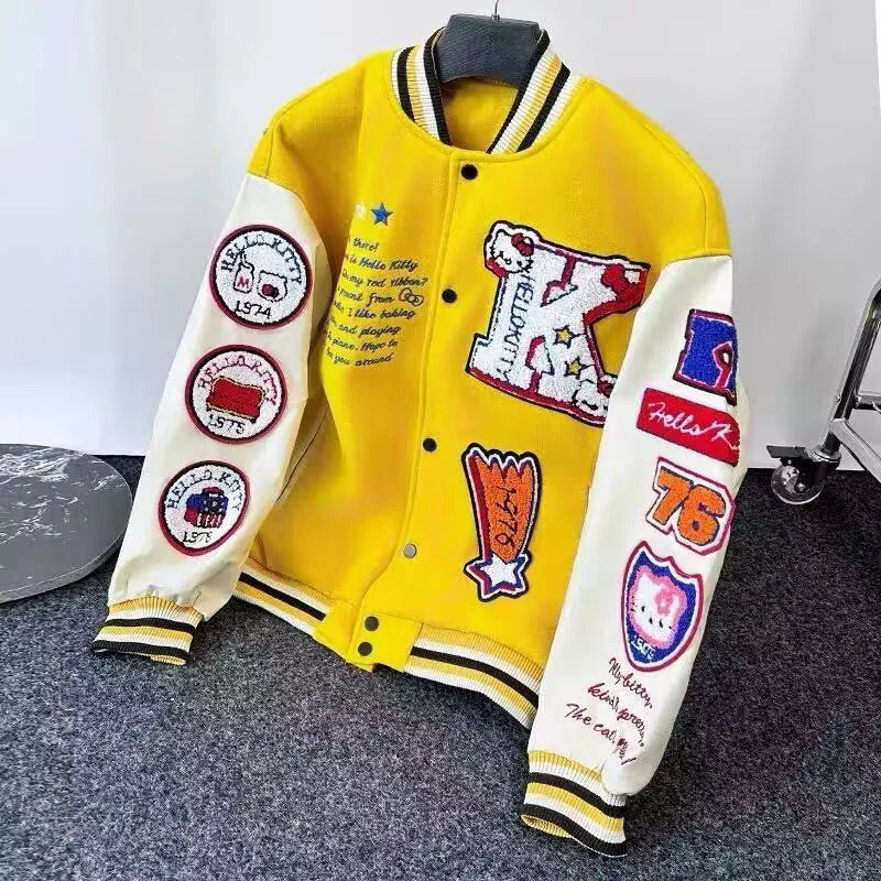 Supzoom New Arrival Rib Sleeve Top Fashion Embroidery HelloKitty Loose Cardigan Casual Pilot Ins Bomber Baseball Jacket