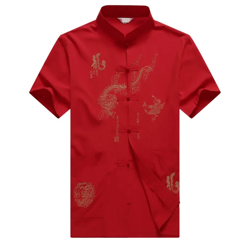 Chinese Men Cotton Kung Fu Suit Embroidery  Wu Shu Uniform Tai Chi Clothing Short Sleeve Shirt+Pant M L XL XXL XXXL MS013