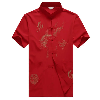Chinese Men Cotton Kung Fu Suit Embroidery  Wu Shu Uniform Tai Chi Clothing Short Sleeve Shirt+Pant M L XL XXL XXXL MS013