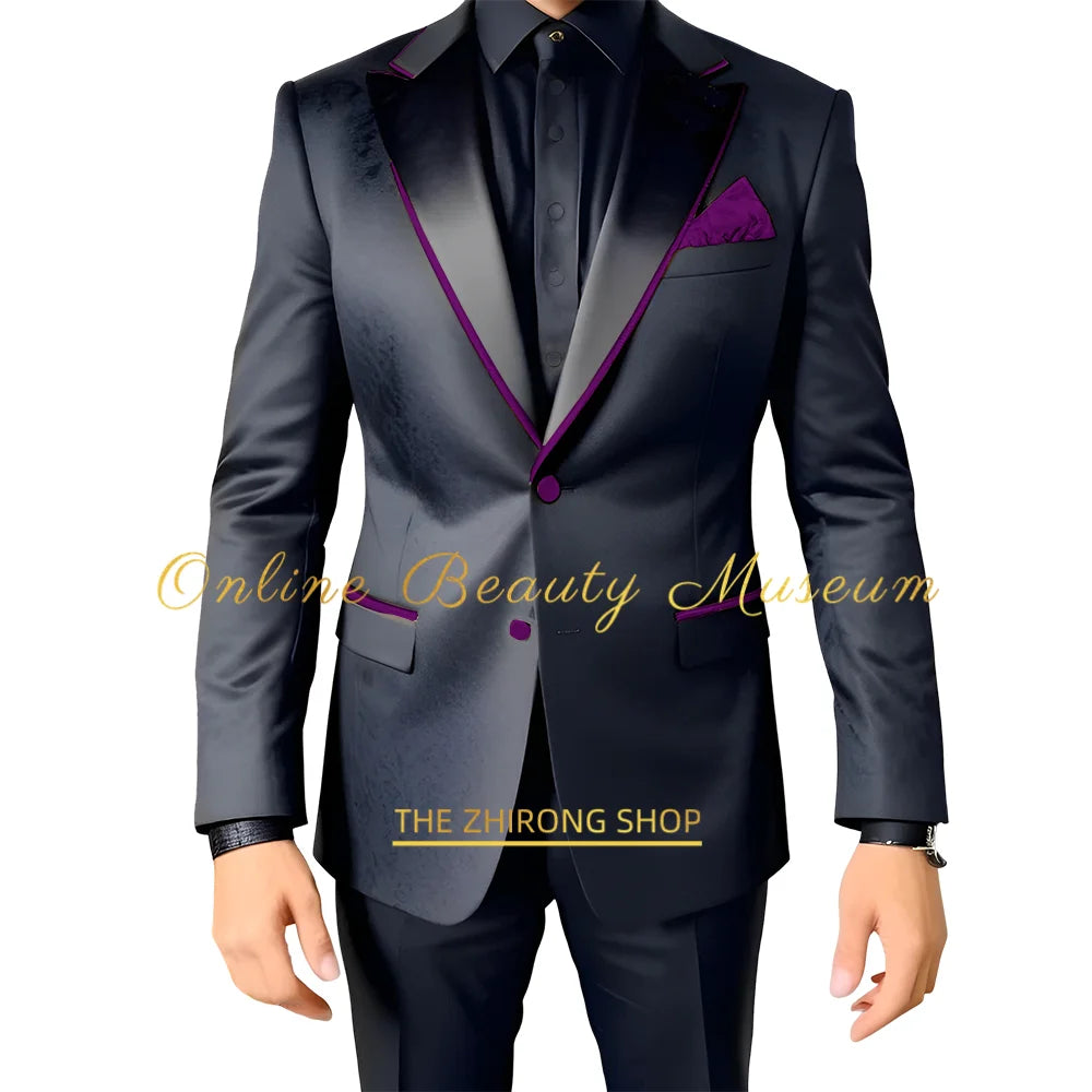 Men Suits 2 Piece Black Luxury Texture With Satin Gold Accent Jacket Pants Set Wedding Party Attire Bespoke Tuxedo For Men