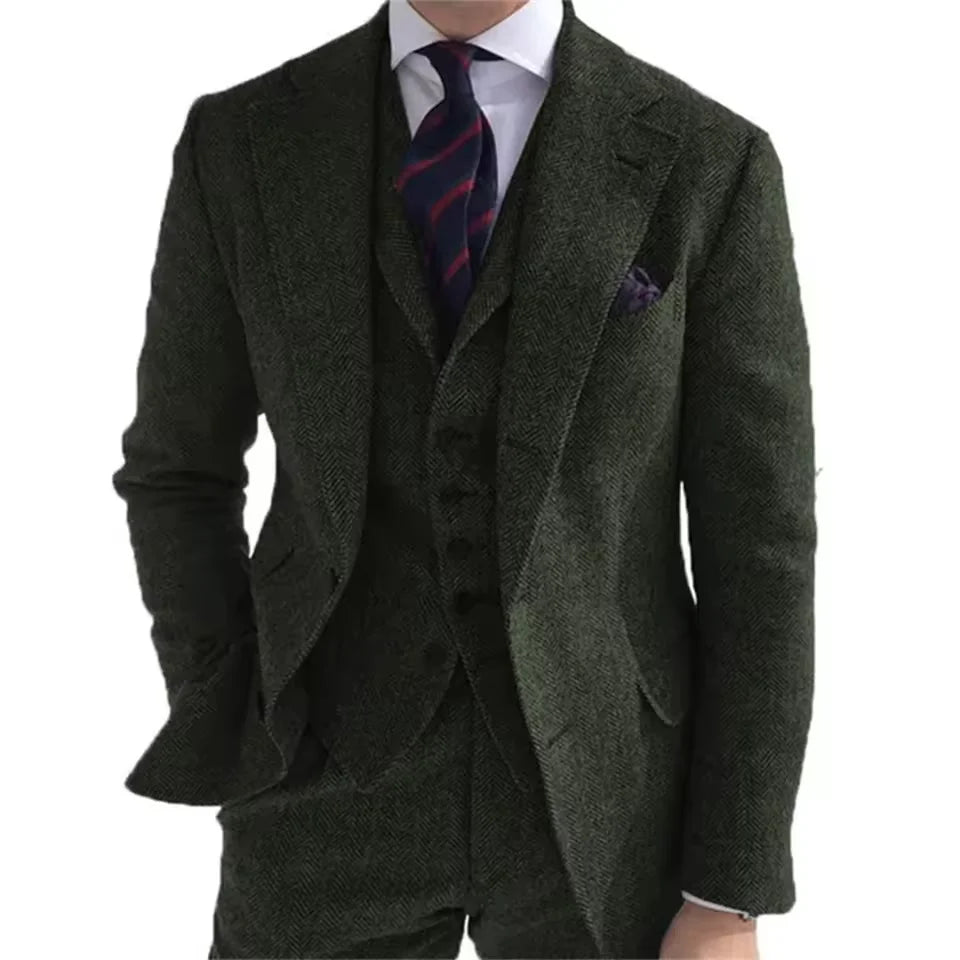New Wool Tweed Winter Men Suit's For Wedding Formal Groom Tuxedo Herringbone Male Fashion 3 Piece Suit (Jacket + Vest + Pants)