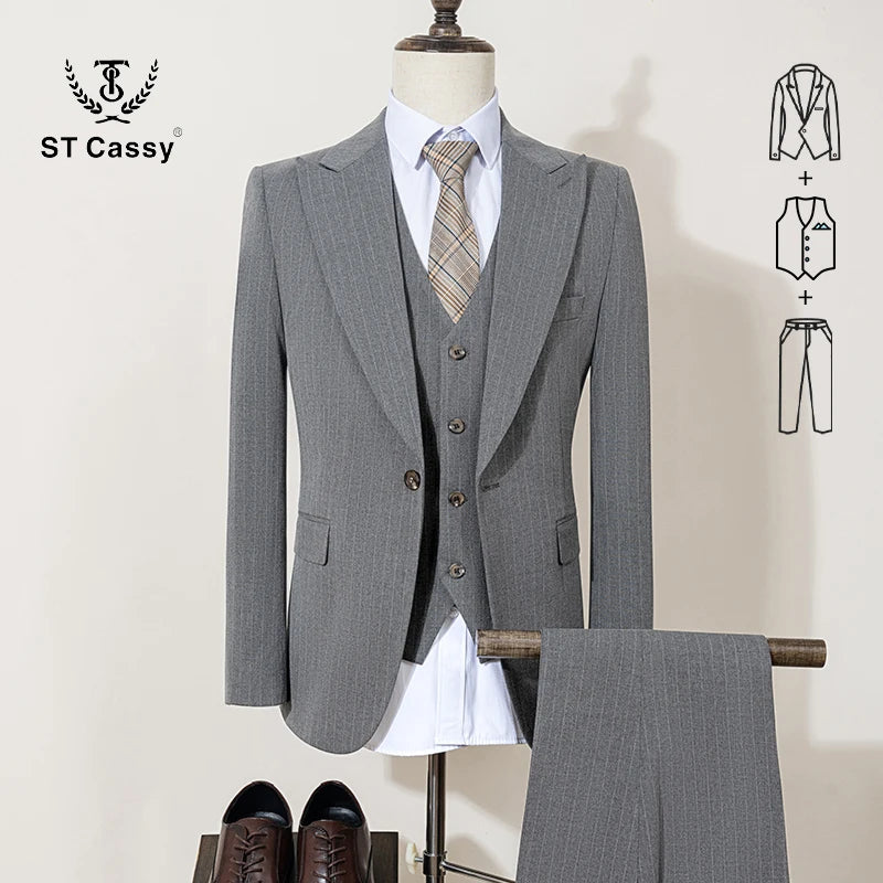 ST Cassy high-quality blue striped suits for men slim fit luxurious and elegant men's business suit 3-piece set full men's suit