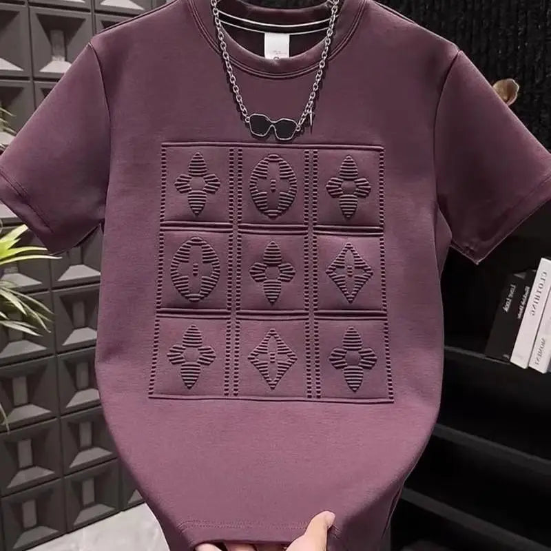 2025 summer new men's versatile heavy industry letter steel print short sleeve t-shirt fashion casual crew neck pullover top