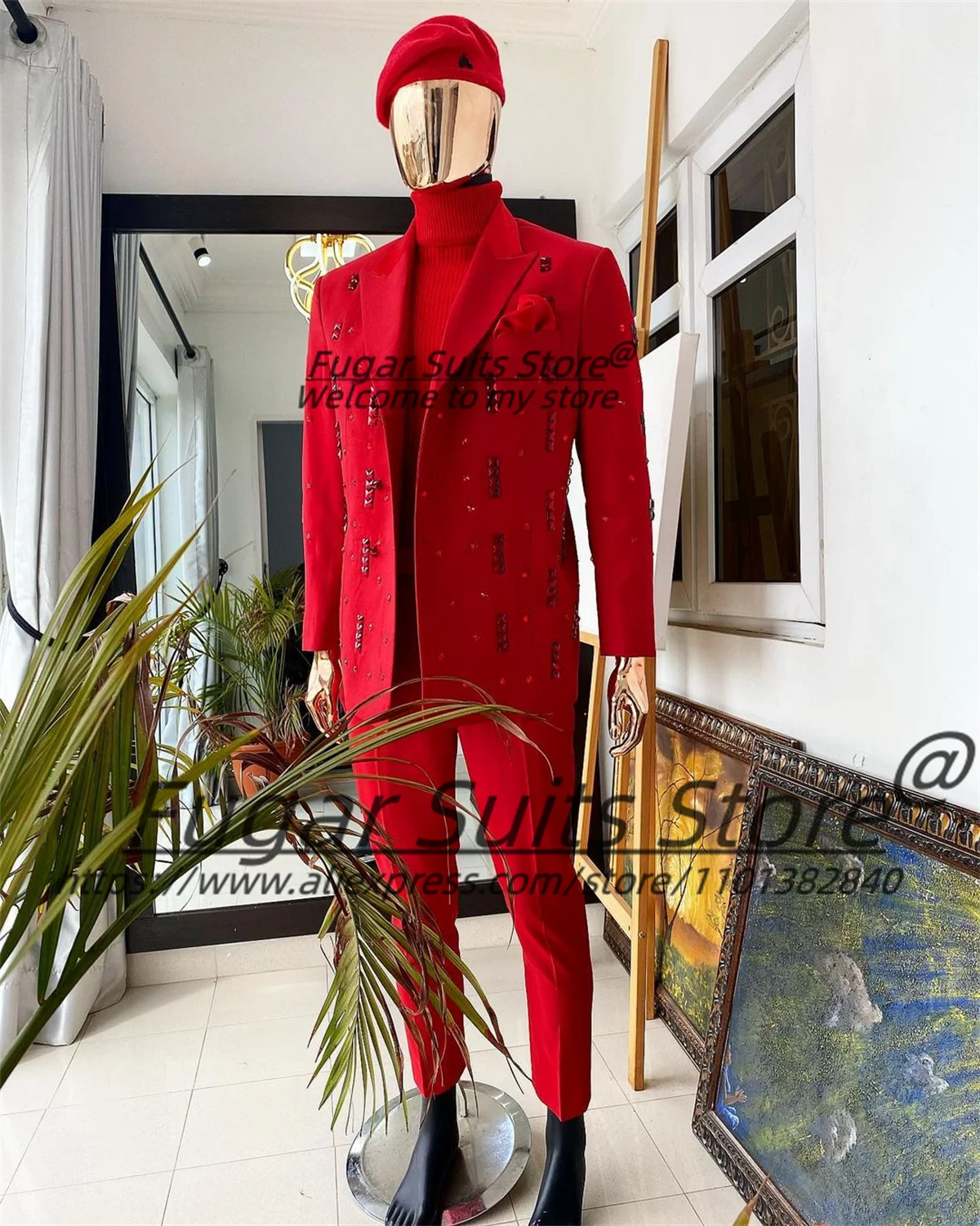 Shiny Stone Beaded Male Prom Blazers High-end Groom Wedding Tuxedos Slim Peak Lapel Men Suits 2 Pcs Sets Customized Ropa Hombre