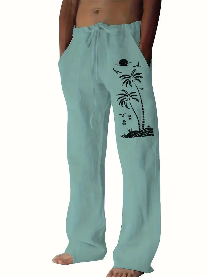 Vintage Coconut Tree Sunset Print men's New Winter Pants Fashion men's Sweatpants Men's Loose Casual Pocket Pull Rope Sweatpants