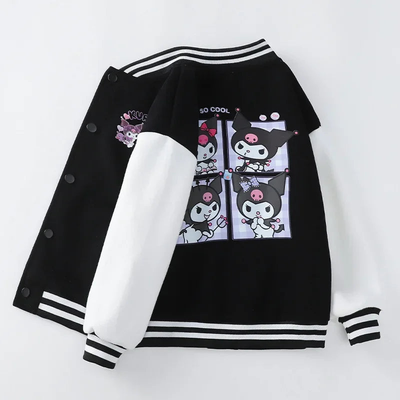 Kawaii Sanrio Kuromi Jackets For Girls Spring Autumn Teen Kids Cartoon Princess Cardigan Children's Baseball Uniform Sports Tops