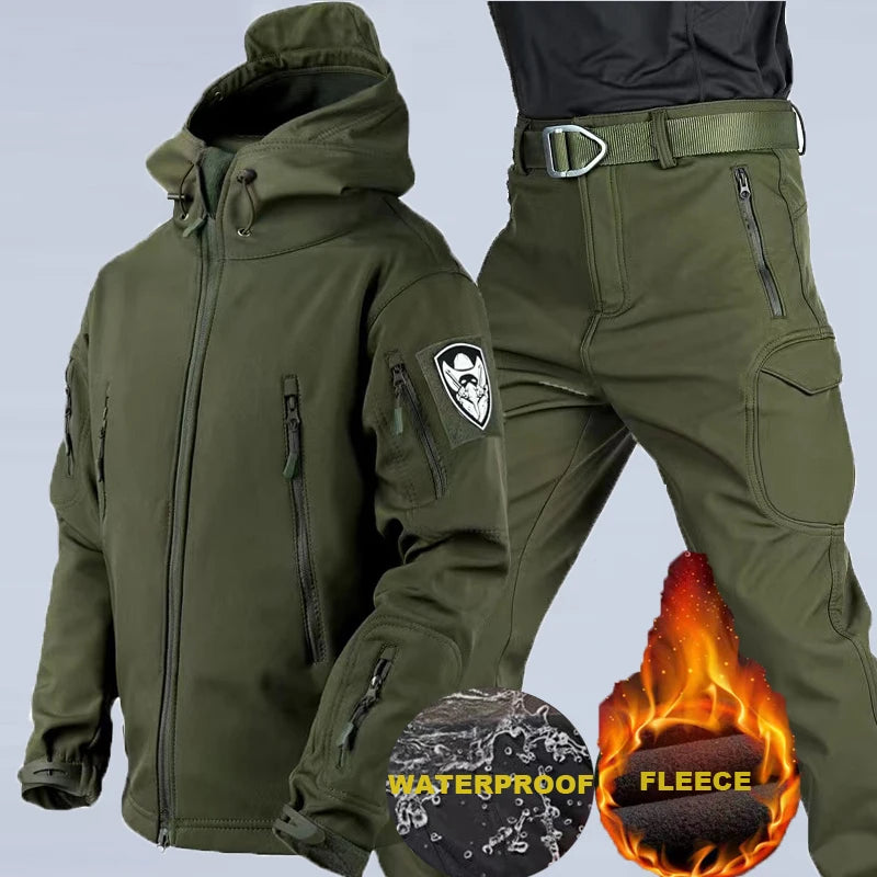 Men's Winter Waterproof Suit Hiking Tracksuit Set Softshell Jackets Camping Coat Tactical Pants Fishing Fleece Trousers