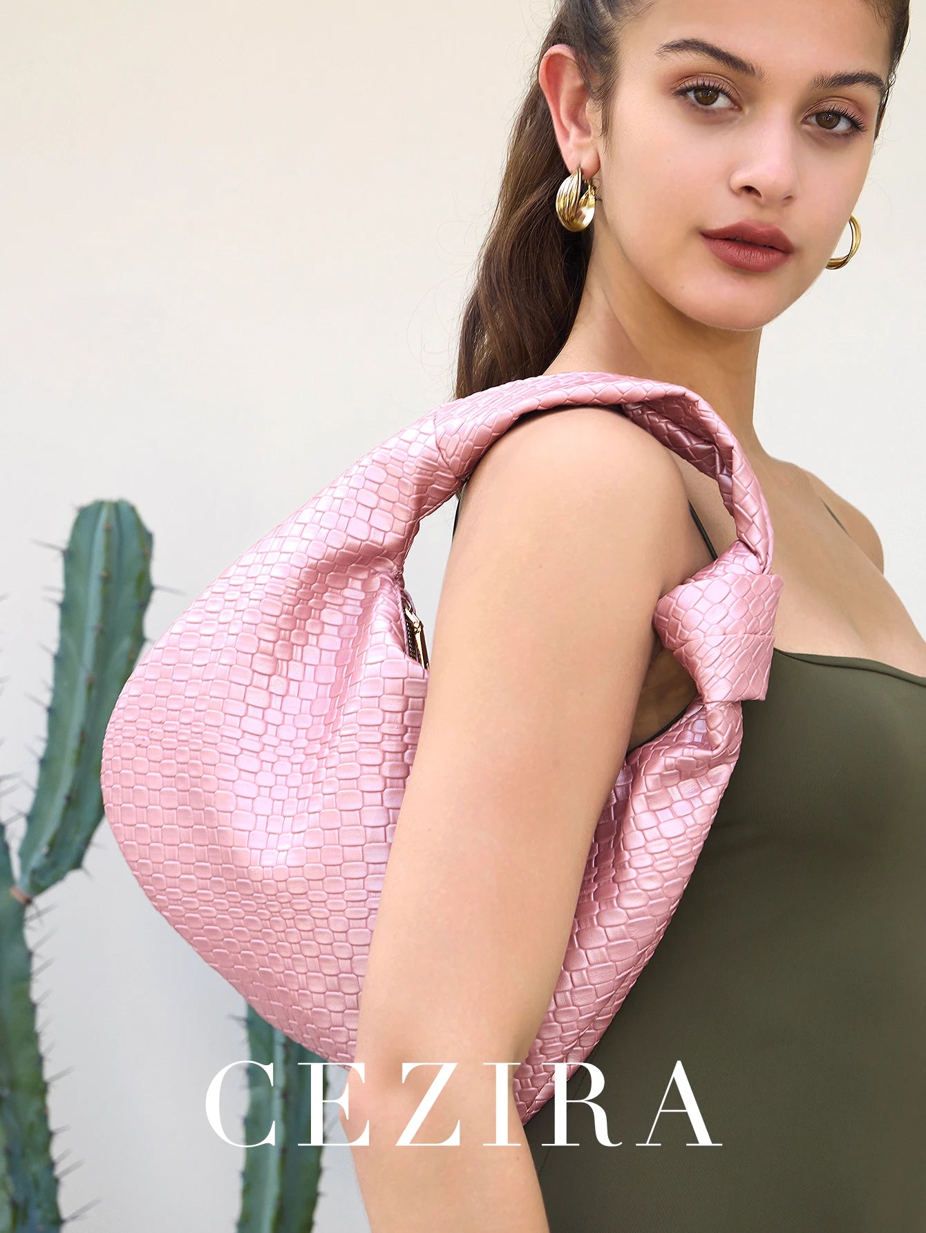 CEZIRA Women Classic Fashion Woven Embossed Hobo Soft PU Vegan Leather Knotted Strap Small Top-handle Shoulder Bag Casual Daily