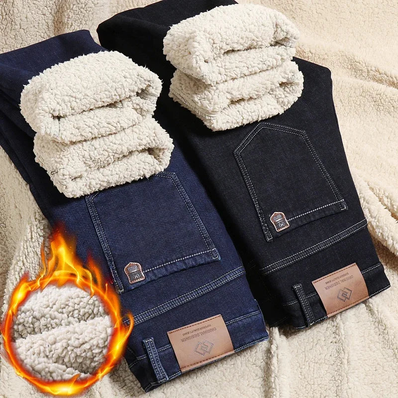 Winter Men's Fleece Thick Sherpa Jeans Business Casual Velvet Straight Denim Pants Male Wool Plush Classic Stretch Trousers