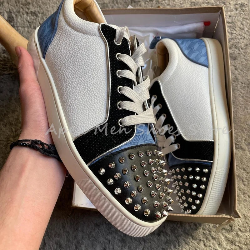 2025 Autumn Leather White Blue Splice Casual Shoes Spike Toe Streetwear Men Shoes Fashion Lightweight Flat Sneakers for Women