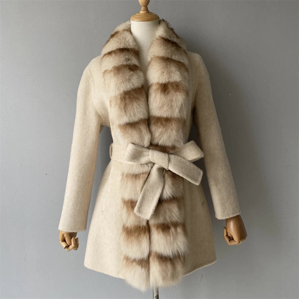 Jxwatcher Women Winter Coat with Real Fur Winter New Style Cashmere Wool Coats Ladies Fashion Luxury Warm Outerwears Female Fall