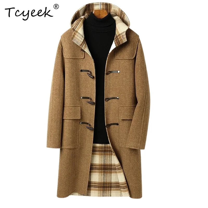 Tcyeek 70% Wool 30% Polyester Autumn Winter Double Sided Wool Hooded Coffee Colored Medium Long Men's Wool Coat Abrigo Hombre