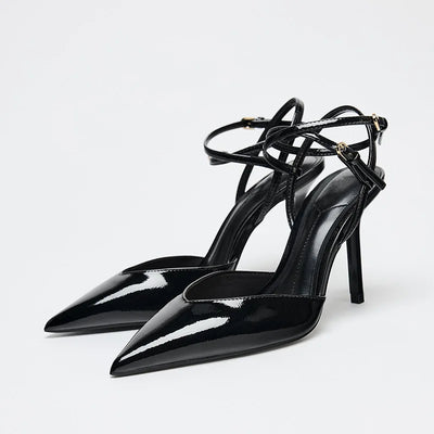 Sexy Pointed Toe Patent Leather Women Pumps Elegant Ankle Strap Buckle High Heels Luxury Designer Shoes Mules Heeled Sandals