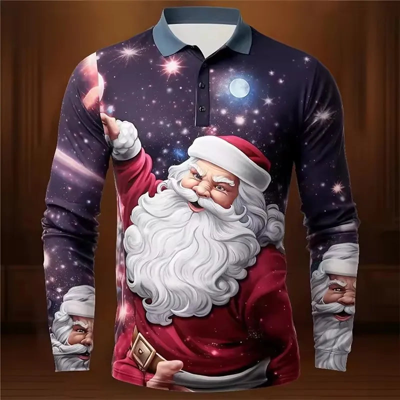 New Men's Christmas Printed Polos Autumn Long Sleeve Button Casual Shirt Festive Holiday Wear Classic Polo Neck Design Polos