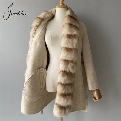 Jxwatcher Women Winter Coat with Real Fur Winter New Style Cashmere Wool Coats Ladies Fashion Luxury Warm Outerwears Female Fall