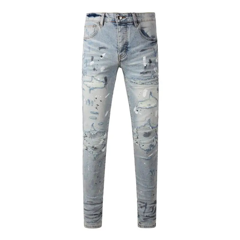 Americans New Trendy Streetwear Men's Jeans Low Rise Skinny Denim Pants Pleated Ripped Trousers