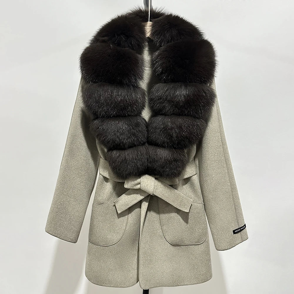 Wool Blend Jacket Autumn Women Winter Fashion Real Fox Fur Collar European Fahsion Woolen Coat Natural Fur Collar Coat Female