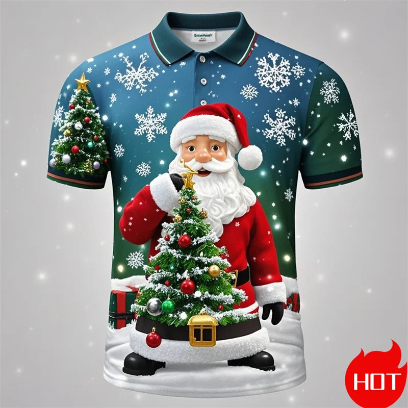 Funny 3D Cute Santa Claus Xmas Printed Polo Shirt For Men Happy Christmas Tee Merry Christmas Graphic Shirts & Blouses POLO Tops