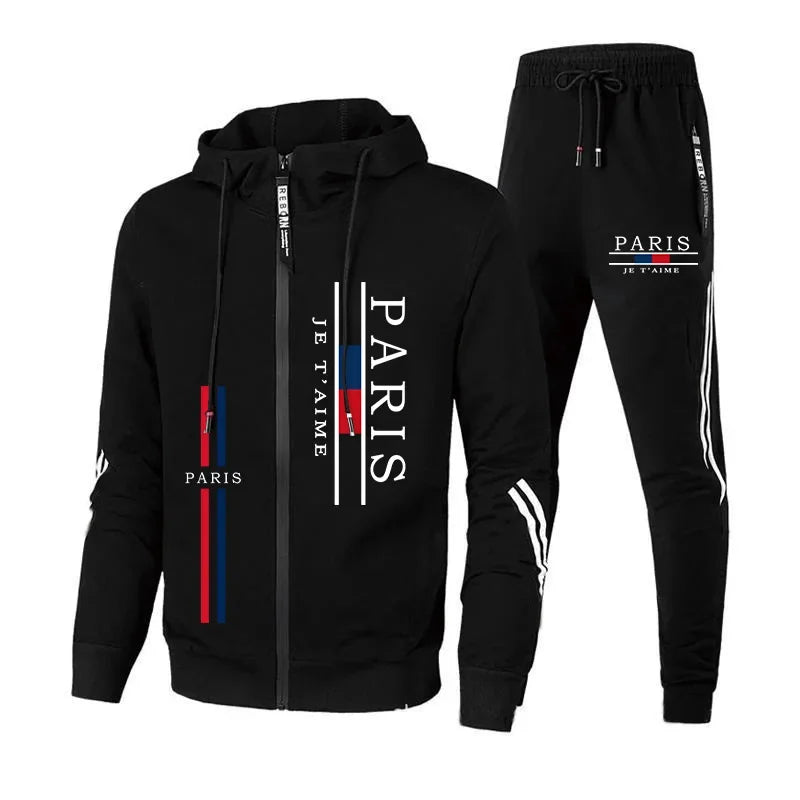 Paris Fashion Men's Tracksuit Zip-up Hoodie Black Sweatpants Autumn Winter Daily Casual Sporty Jogger Set Gym Fitness Sportswear