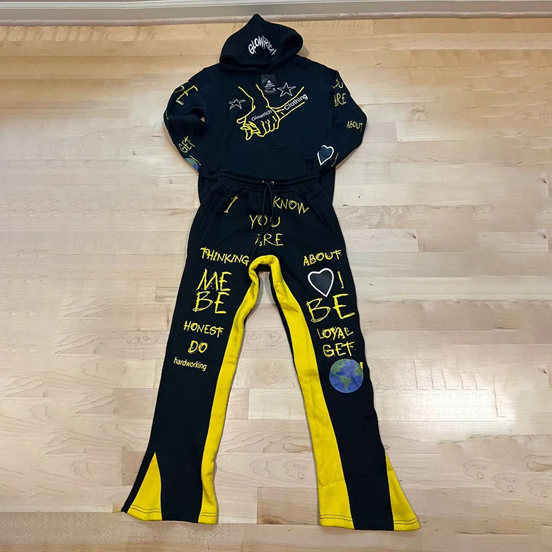 Y2K Autumn/Winter Hoodie Suit Flared Trousers Oversized Men's clothing  Fashion Trend High Street Pants Casual Sets 2024